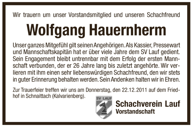  Traueranzeige für Wolfgang Hauernherm vom 21.12.2011 aus Pegnitz-Zeitung